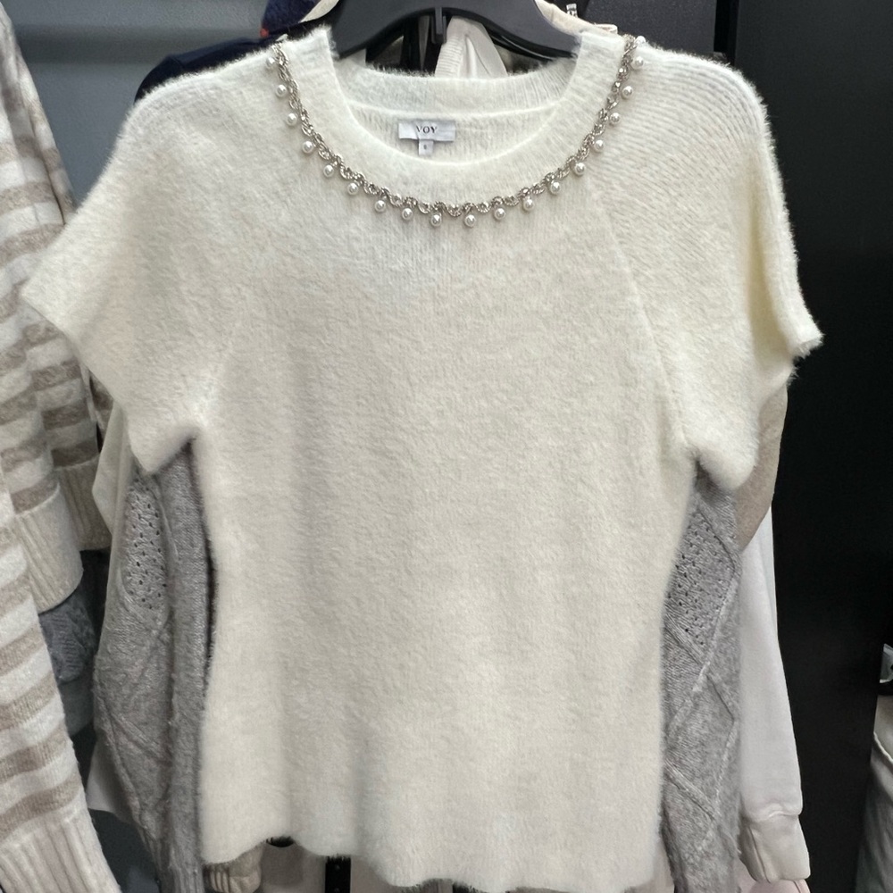 VOY White Short Sleeve Top with Beaded Neckline S